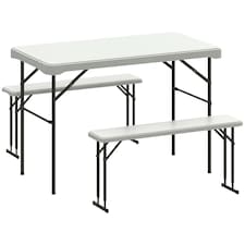 Outsunny 3 Piece 4ft Folding Picnic Table and Bench Set, Portable HDPE Camping Table and Chairs with Carrying Handle for Indoor Outdoor, Dining, Camping, Picnic, BBQ, Party, White | White | Light Grey