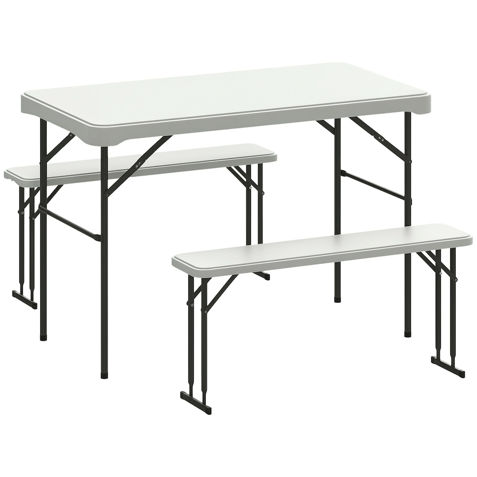 image 1 of Outsunny 3 Piece 4ft Folding Picnic Table and Bench Set, Portable HDPE Camping Table and Chairs with Carrying Handle for Indoor Outdoor, Dining, Camping, Picnic, BBQ, Party, White | White | Light Grey