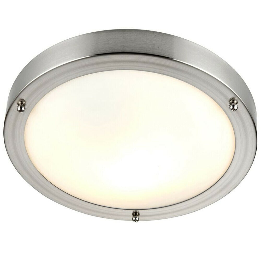 Loops IP44 Outdoor Dimmable Bulkhead Light Satin Nickel Bathroom Flush Ceiling Lamp in Metallics