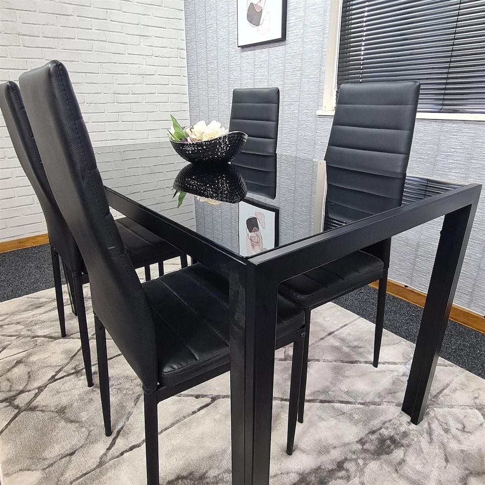 image 1 of Dining Table and 4 Chairs Black Glass 4 Faux Leather Chairs  Dining Room Furniture