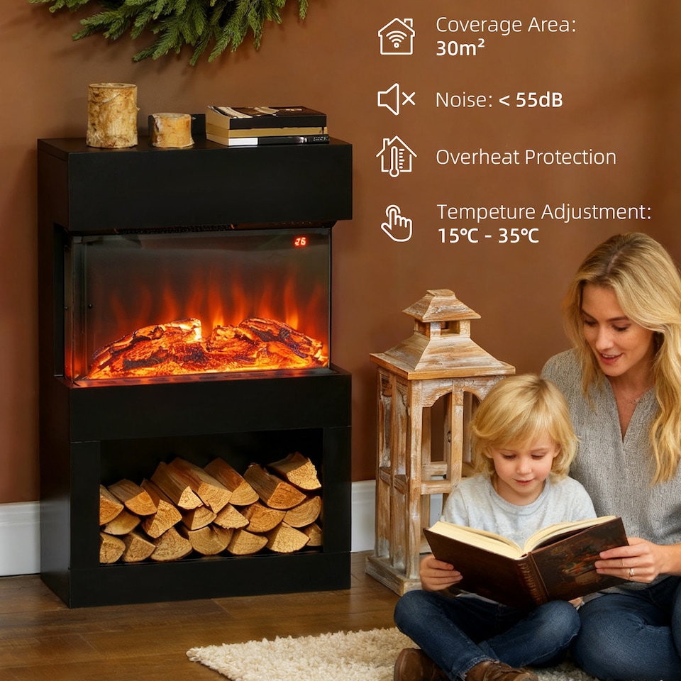image 1 of HOMCOM Electric Fireplace with 3D Flame Effect, 6 Colours & 3 Brightness Levels, 1000W/2000W Black Electric Fire and Mantel Reach up to 30㎡ Space with Remote & Timer, 3 Sided View for Living Room | Black