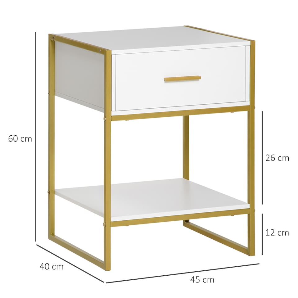 image 1 of HOMCOM Bedside Table with Storage Drawer and Open Shelf, Modern Nightstand, Side Table with Metal Frame for Bedroom, Living Room, Set of 2, White