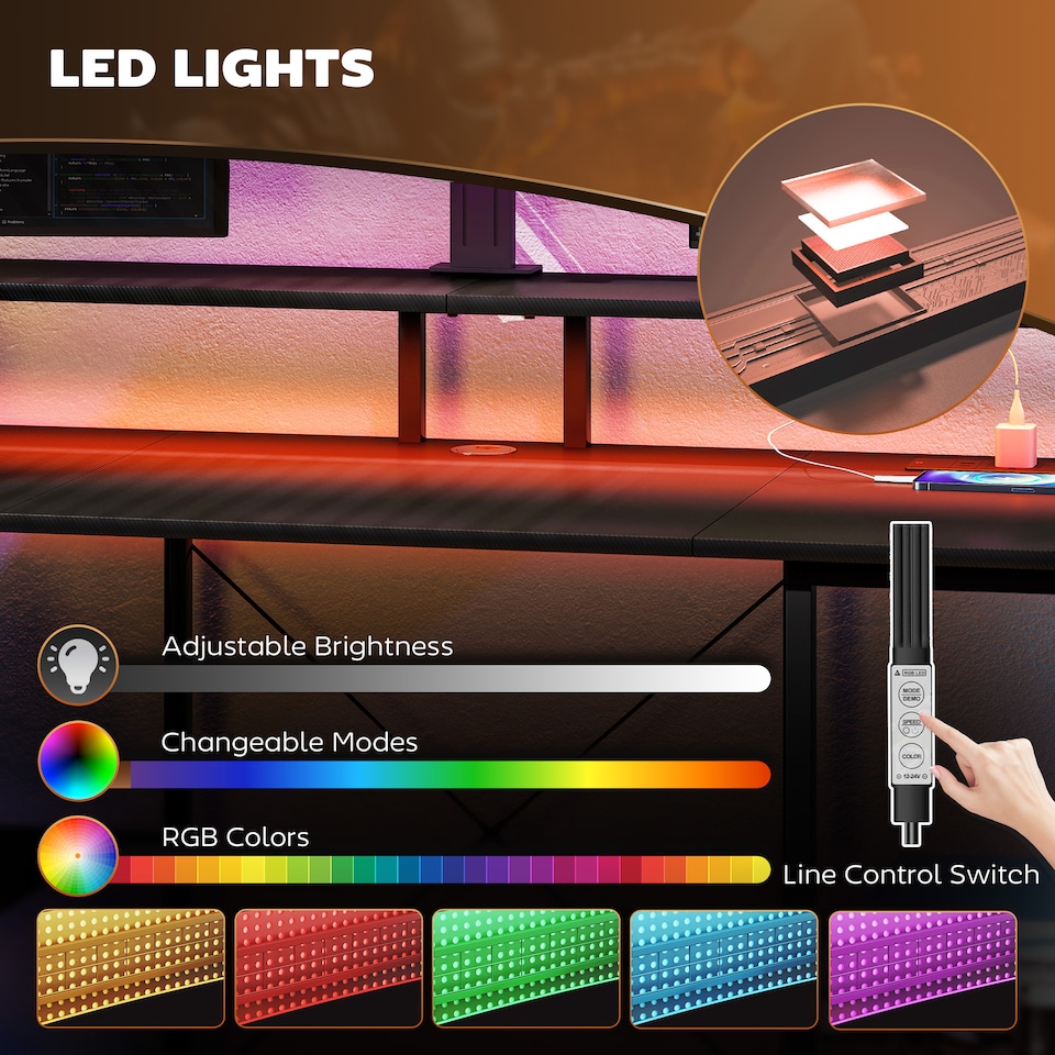 image 1 of HOMCOM Computer Desk with Power Outlets and LED Lights, 120 x 50cm Reversible Home Office Desk with Monitor Stand and 2-Tier Storage Shelves, PC Table with Cable Management, Carbon Fibre Grey