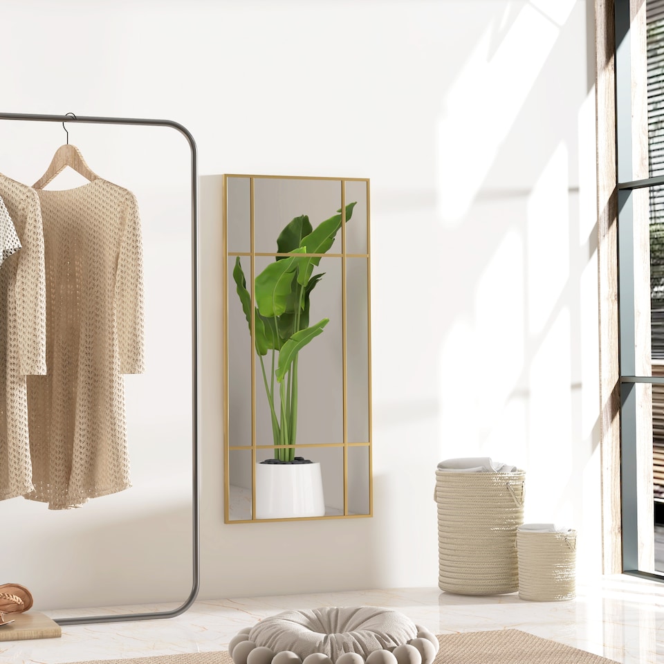 image 1 of HOMCOM Rectangle Wall Mirror, 110  50cm Window Style Vanity Mirror with Metal Frame, Vertical or Horizontal Hanging for Living Room, Bedroom, Entryway, Gold Tone
