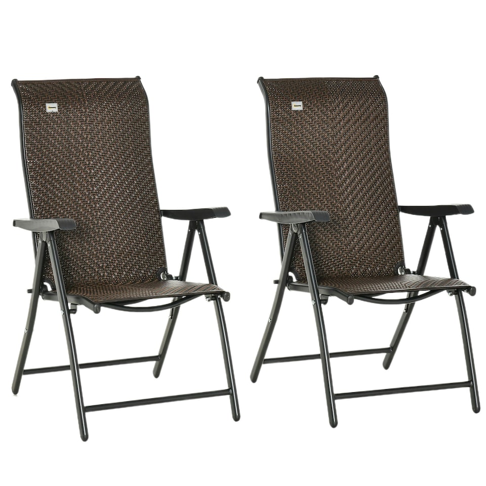 image 1 of Outsunny Set of 2 Outdoor Rattan Folding Chair Set w/ Adjustable Backrest Brown