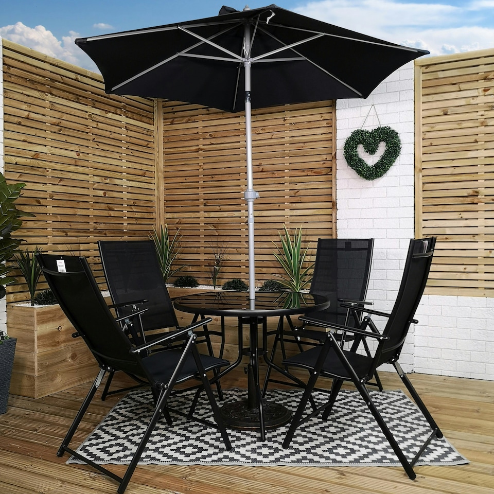 image 1 of Outdoor 4 Person Round Glass Top Garden Patio Dining Table Chairs Black Parasol and Base Set