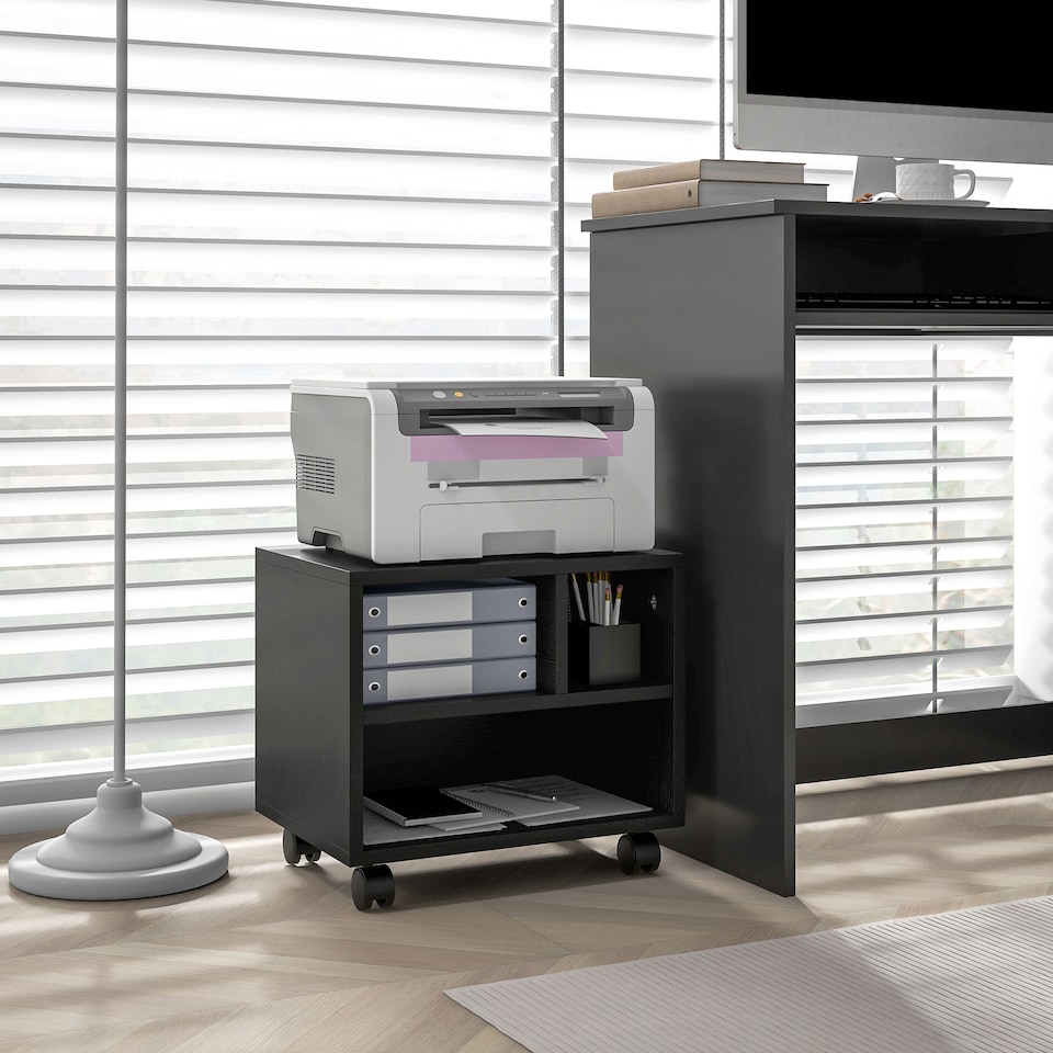 image 1 of HOMCOM 2-Tier Printer Stand with Storage, Under Desk Printer Cart on Wheels with 3 Compartments, Desktop Printer Table for Home Office, Black