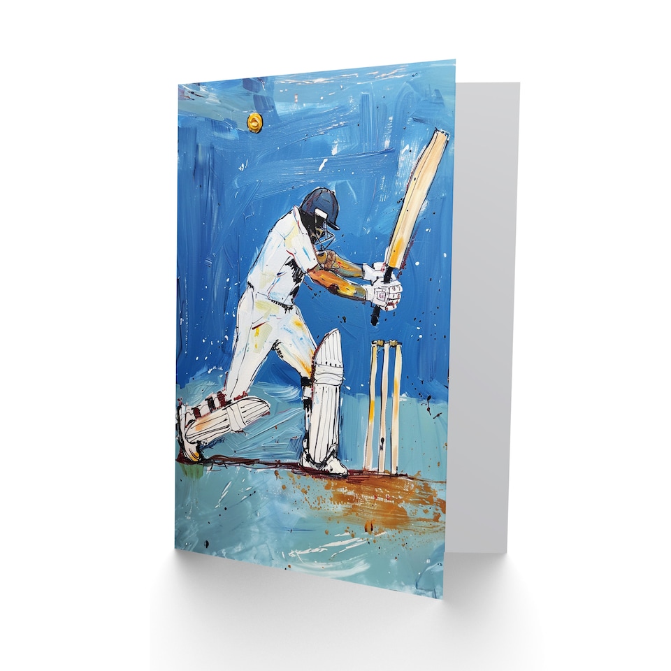 image 1 of Cricket Player Sport Batsman Wicket Painting Good Luck Card