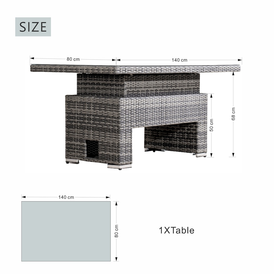 image 1 of Direct Wicker Outdoor Garden Rattan Rising Table with 5mm Clear Tempered Glass Top, Aluminium Frame for Patio, Balcony | Grey