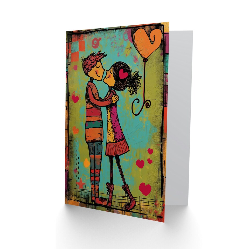 image 1 of Young Couple Dance Kiss Illustration Anniversary Valentines Day Card