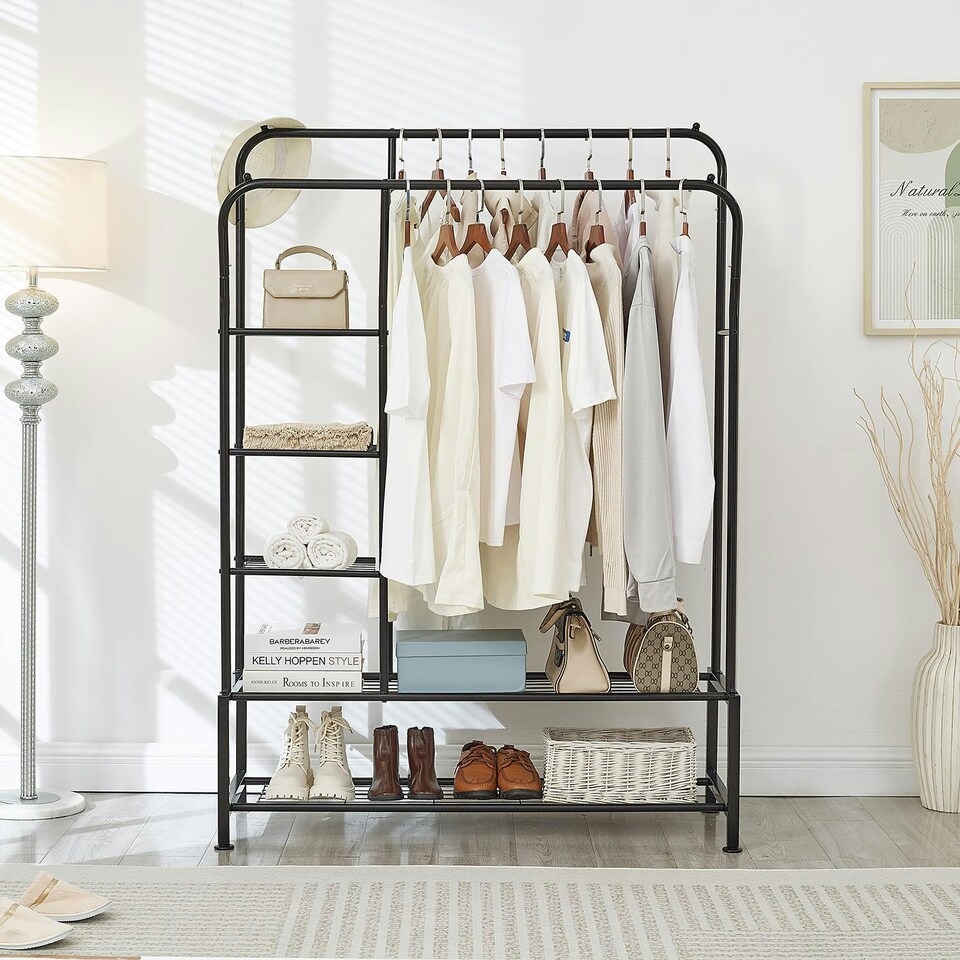 image 1 of Clothes Rail with Double Hanging & Shelves Black Metal Garment Rack Heavy Duty Black | One Size