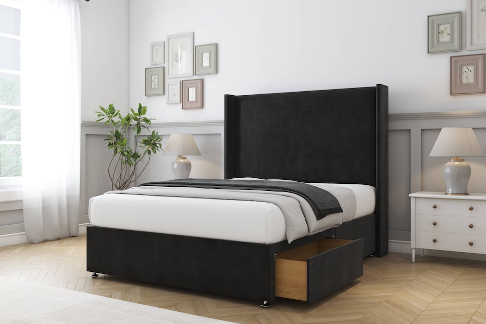 image 1 of Sloomy Devonshire Black Plush Divan Bed With Mattress No Drawers With 54" Wingback Headboard 6' Super King | Black | Black | Super King | 1