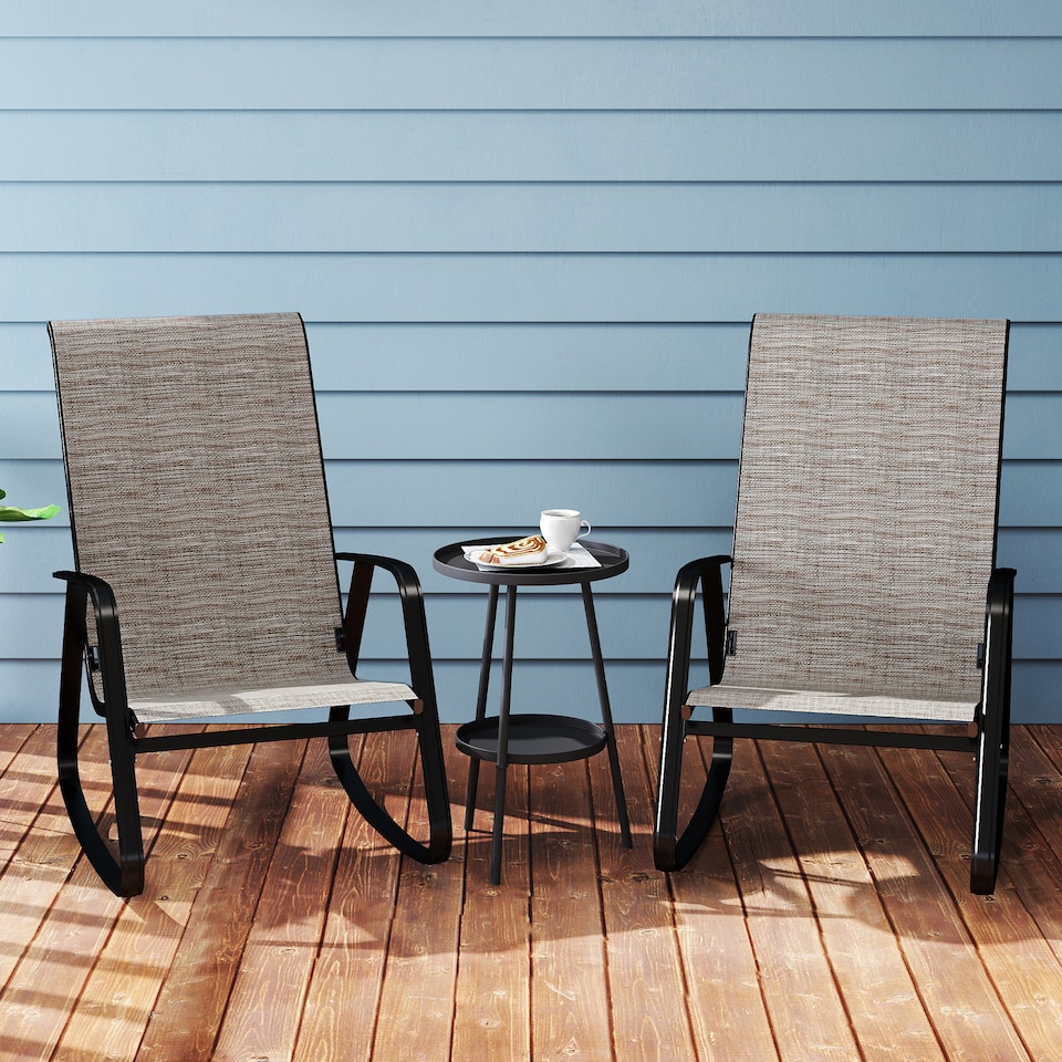 image 1 of Outsunny Garden Rocking Chairs Set of 2, Ergonomic Outdoor Rocking Chairs with Armrests, High Backrest, Steel Frame Relaxing Rocker Armchair Seats for Patio, Balcony, Porch, Light Brown | Brown | Brown