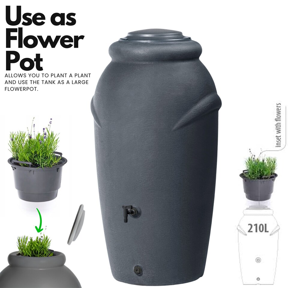 image 1 of Water Butt Kit with Tap, Diverter & Bio Cleaner –  Rainwater Collector for Garden, Balcony & Terrace – Durable Plastic Water Storage Tank | Black | 210L