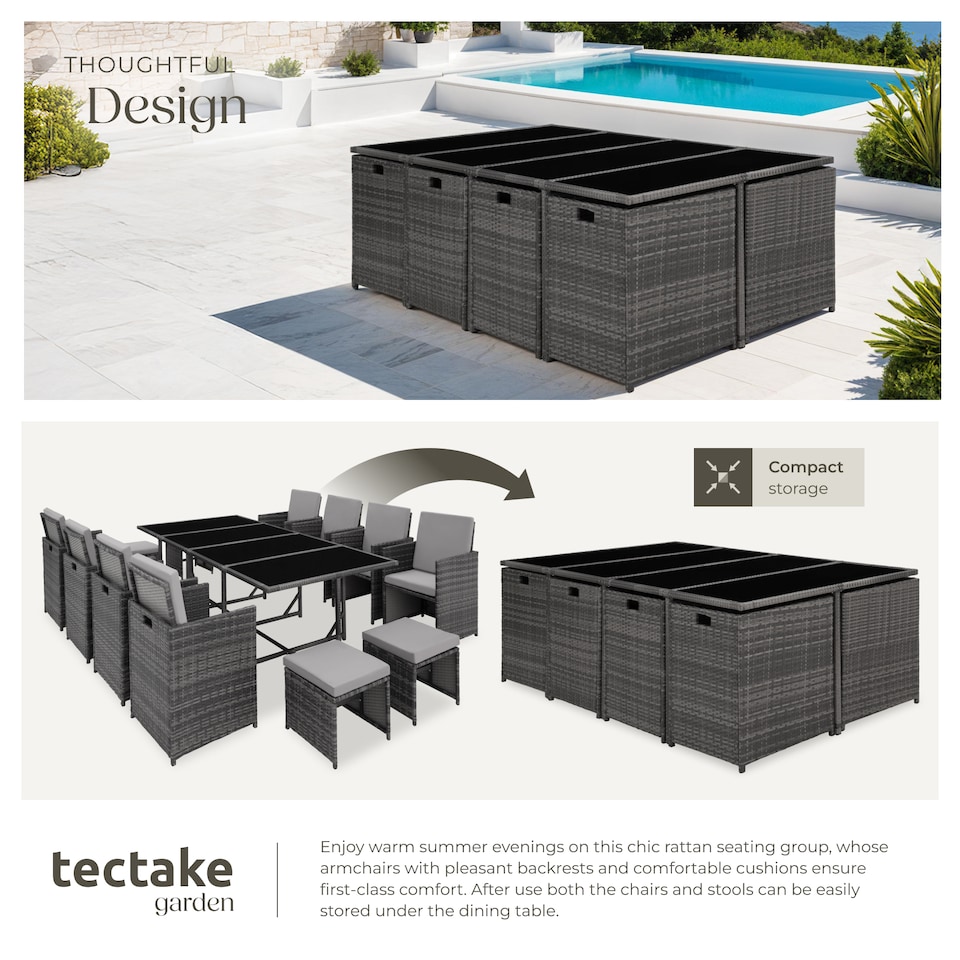 image 1 of Garden Table and Chairs Palma - 12 seats with cushions, dining table, rain cover | Grey | grey/light grey | 53 x 53 x 87 cm | 1