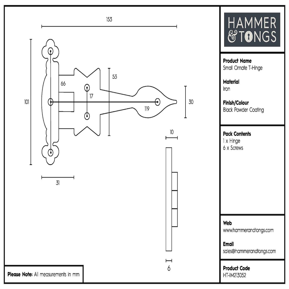 image 1 of Hammer & Tongs Ornate T-Hinge - W155mm - Black | Black | Black