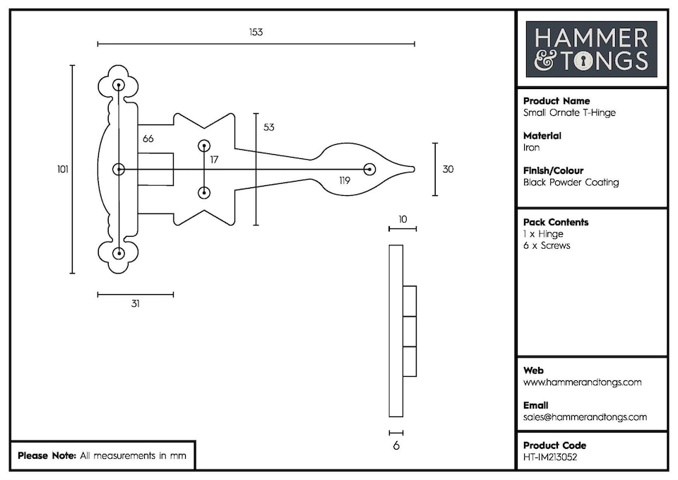 image 1 of Hammer & Tongs Ornate T-Hinge - W155mm - Black | Black | Black