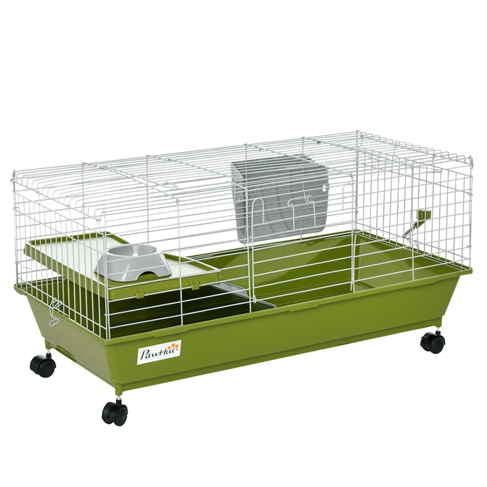image 1 of PawHut 89cm Small Animal Cage for Rabbit Guinea Pig w/ Food Dish Green