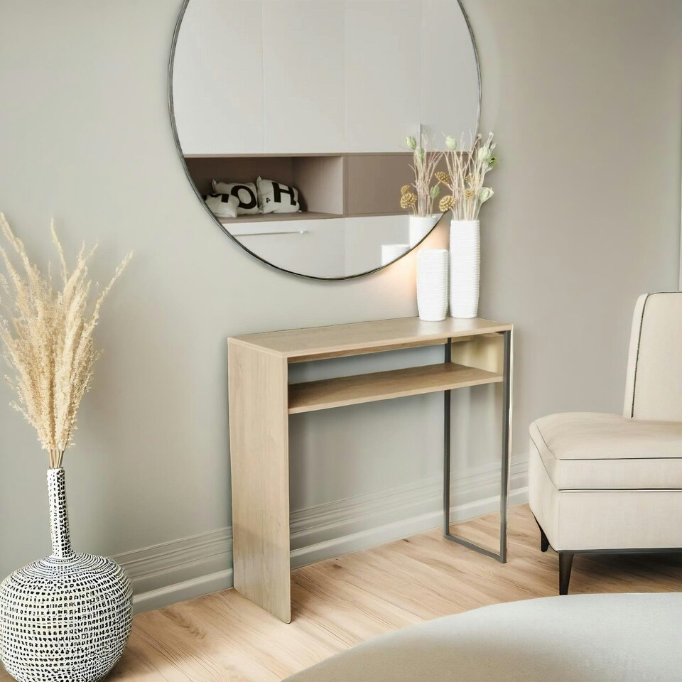 image 1 of 2 Tier Hallway Console Table With Steel Frame Oak Brown