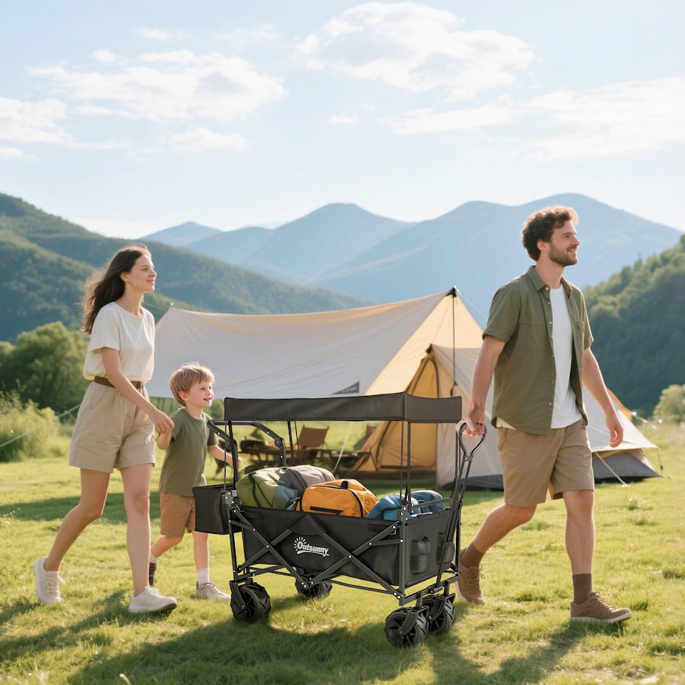 image 1 of Outsunny Outdoor Push Pull Wagon Stroller Cart w Canopy Top Black