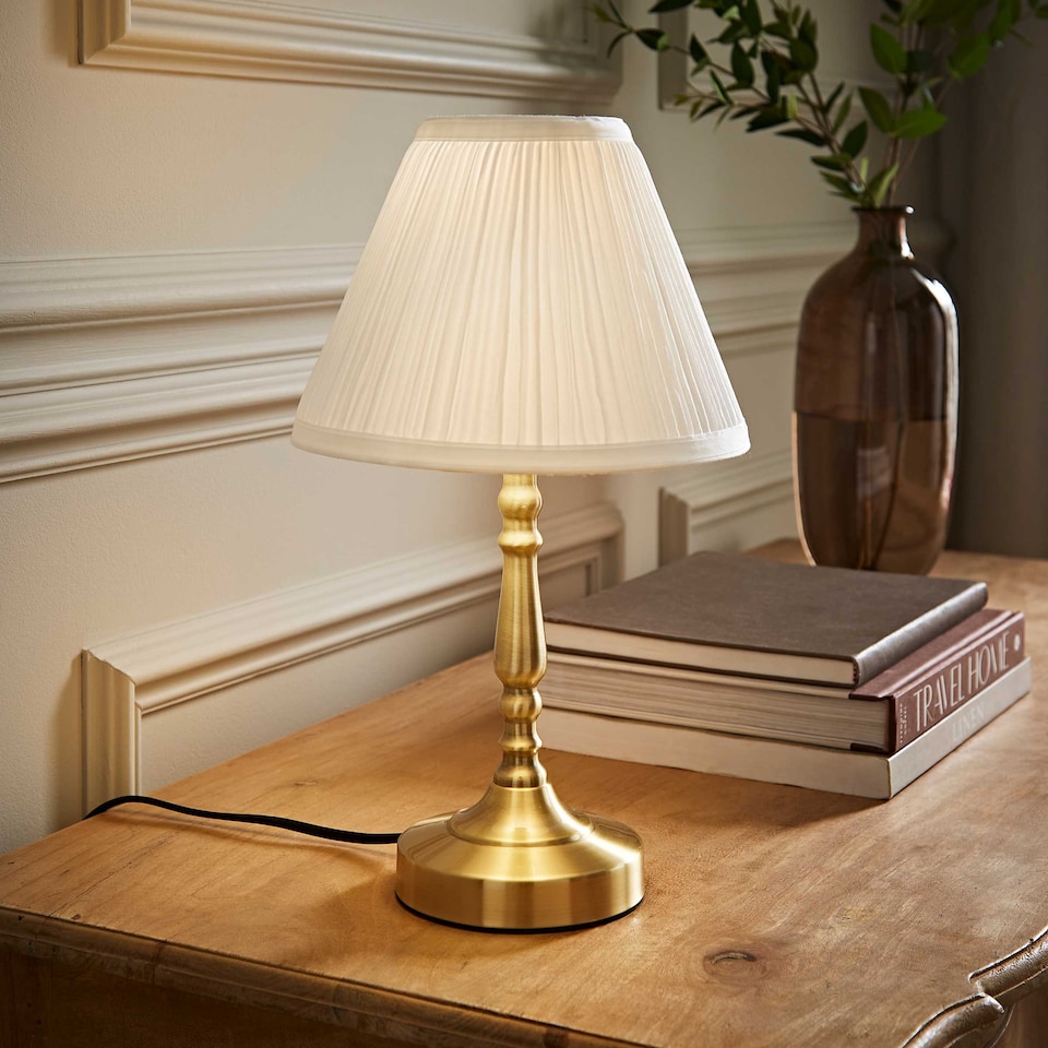 image 1 of ValueLights Sienna Antique Brass Touch Table Lamp With Pleated Cream Shade | Gold