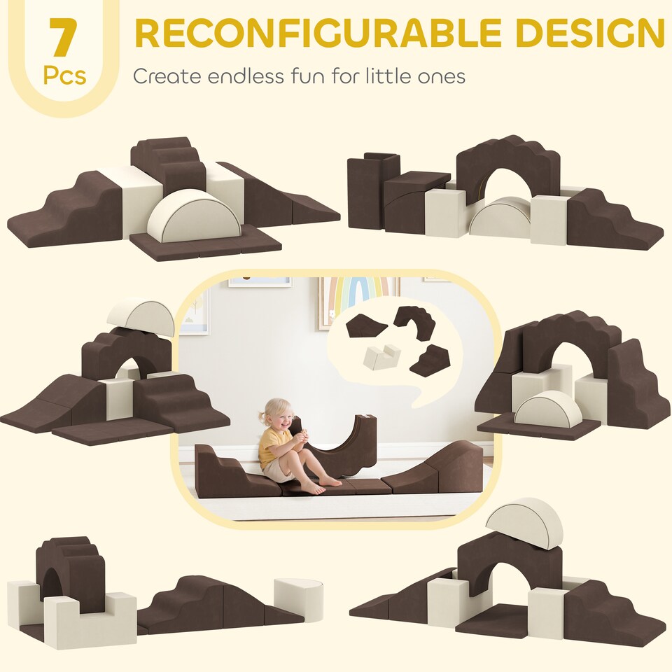 image 1 of AIYAPLAY Kids Soft Play Set, 7 Piece Foam Climbing Blocks, Brown