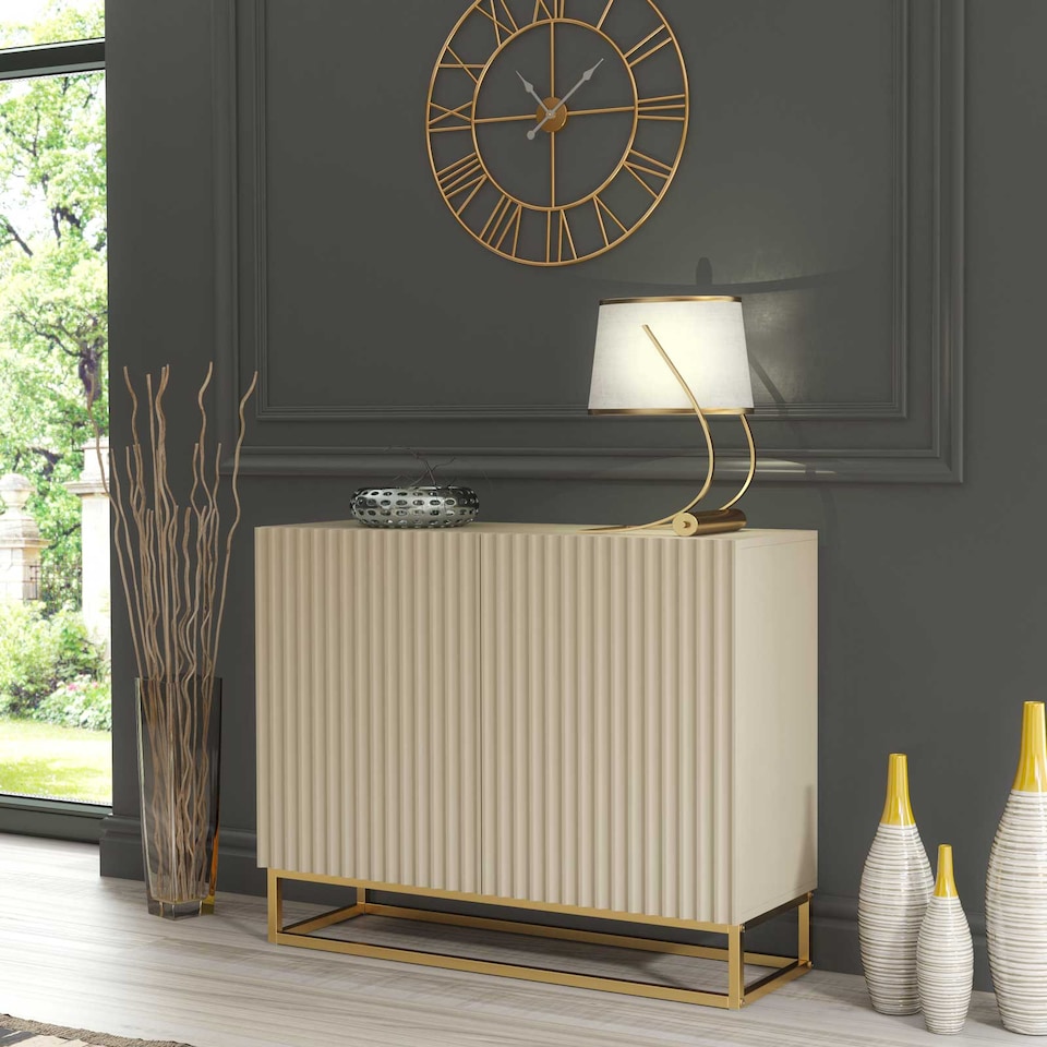 image 1 of Sideboard Cabinet Storage Cupboard Fluted Doors Cashmere Matt Gold Metal Legs Living Dining Room Hallway Furniture 100cm