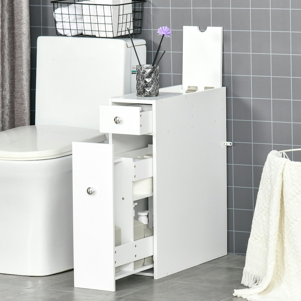 image 1 of HOMCOM Slim Floor Cabinet Narrow Wooden Storage with Drawers Bathroom White