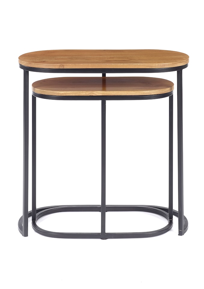image 1 of Wooden Dark Brown Black Metal Oval Nest Of Two 2 Tables End Side Lamp H61 x W62 x D32cm