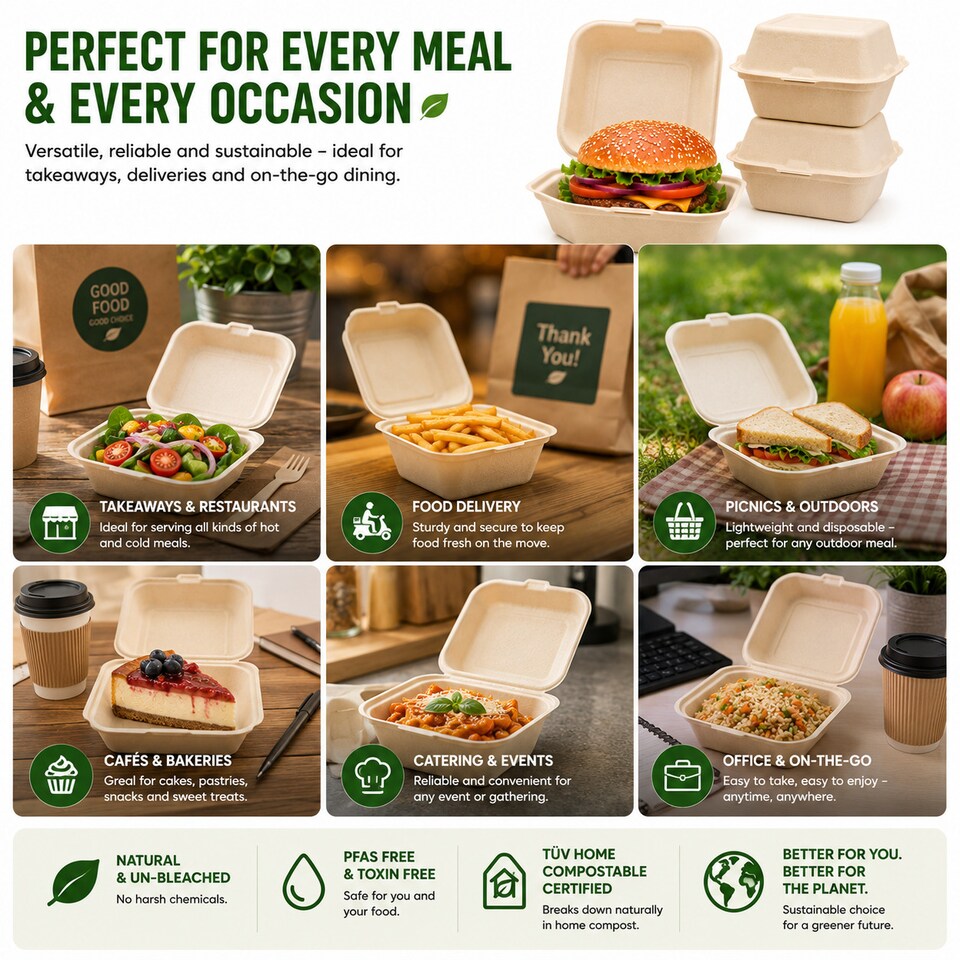 image 1 of Bagasse Sugarcane Burger Takeaway Boxes 6x6 Clamshell Containers, PFAS Free, TUV Home Compostable Certified Food Boxes for Hot & Cold Meals, Restaurants, Parties & Catering