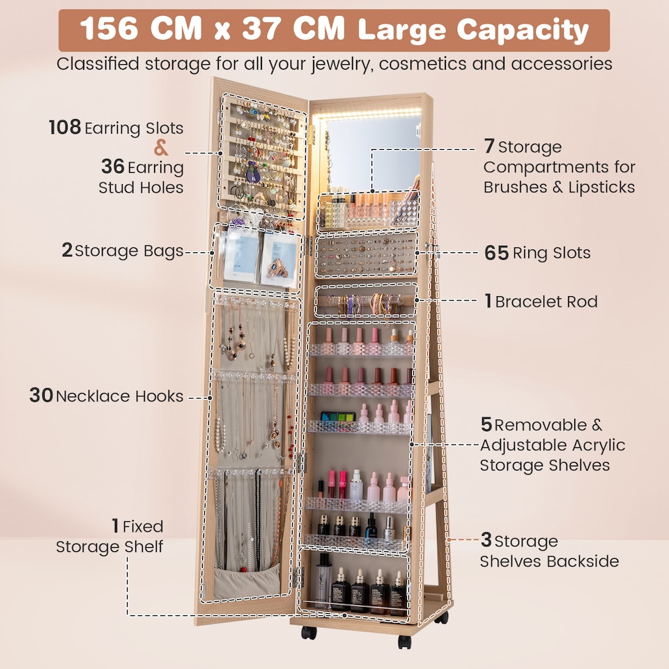 image 1 of COSTWAY 3-in-1 Jewelry Cabinet 360° Swivel Mirror Jewelry Armoire-Natural