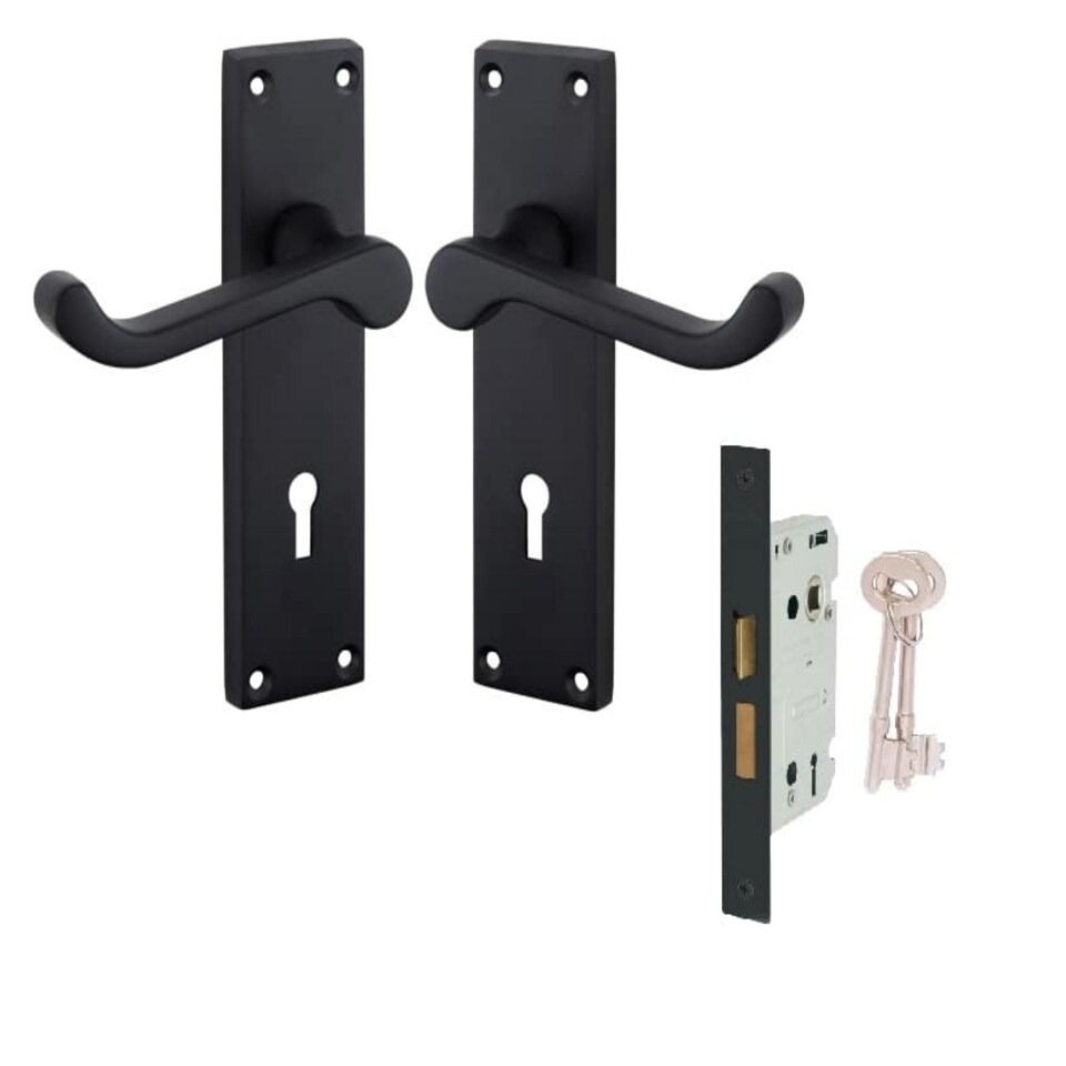 image 1 of Golden Grace Victorian Scroll Lever Lock Door Handles in Matt Black Finish with Black 3 Lever Lock & Keys - 150mm x 40mm Black