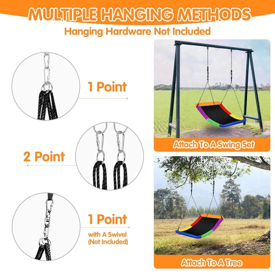 image 1 of COSTWAY Nest Swing Square Kids Swings Outdoor Tree Swing Seat Adjustable Hanging Ropes