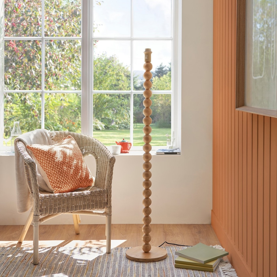 image 1 of Cane Natural Bamboo Floor Lamp with Coral Pink Fabric Ripple Shade 40cm E27