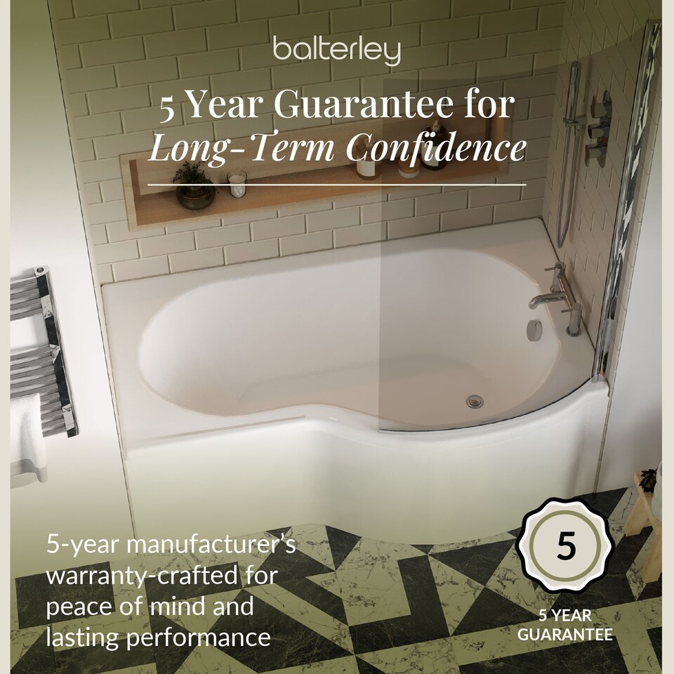 image 1 of Balterley Right Hand P Shape Square Shower Bath with Glass Screen & Matching Front Panel Modern Design | White | White