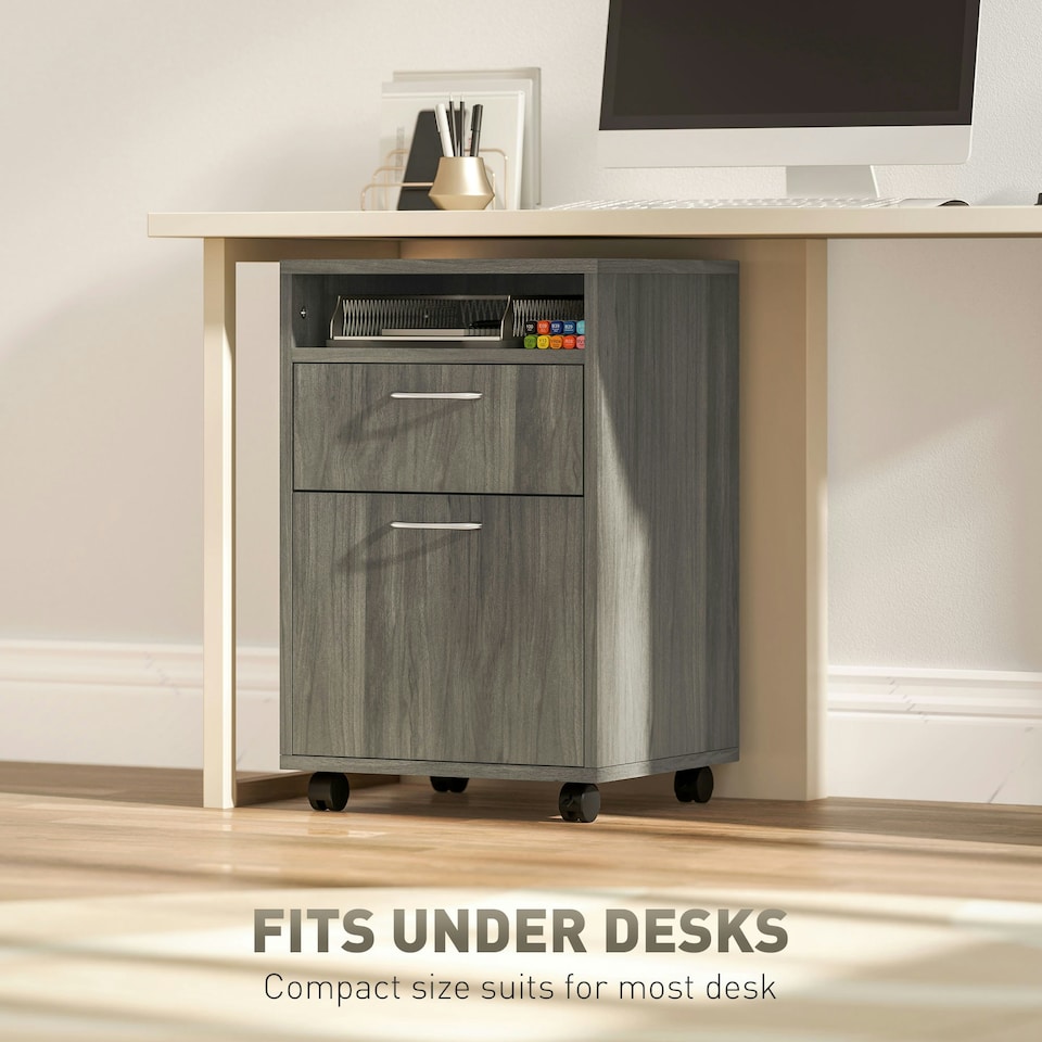 image 1 of HOMCOM 60cm Filing Cabinet with Drawers and Open Shelf, Grey