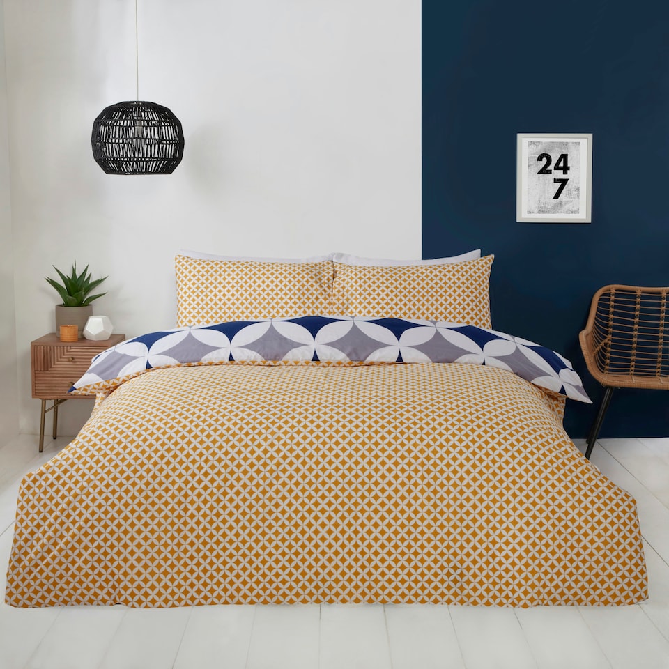 image 1 of Geo Polycotton Reversible Duvet Cover Set with Pillowcase Blue | King