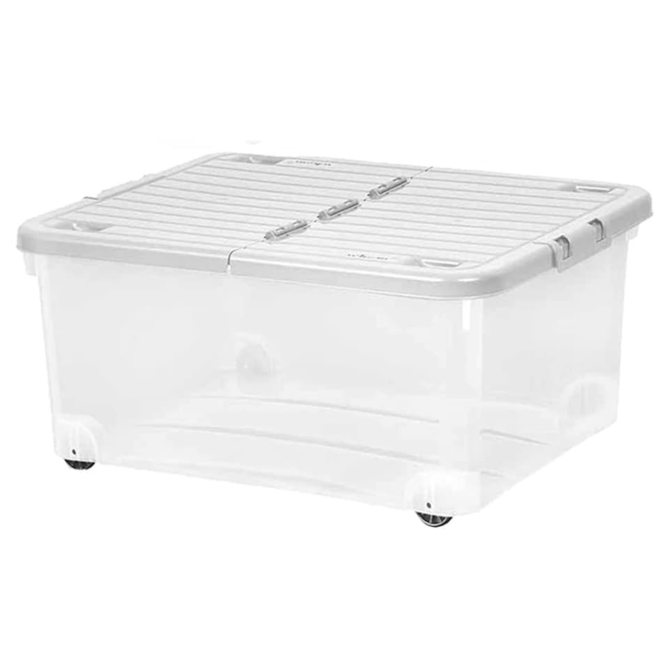 image 1 of 3 x 30 Litre Strong Stackable Home Office Folding Split Lid Storage Containers With Wheels Clear