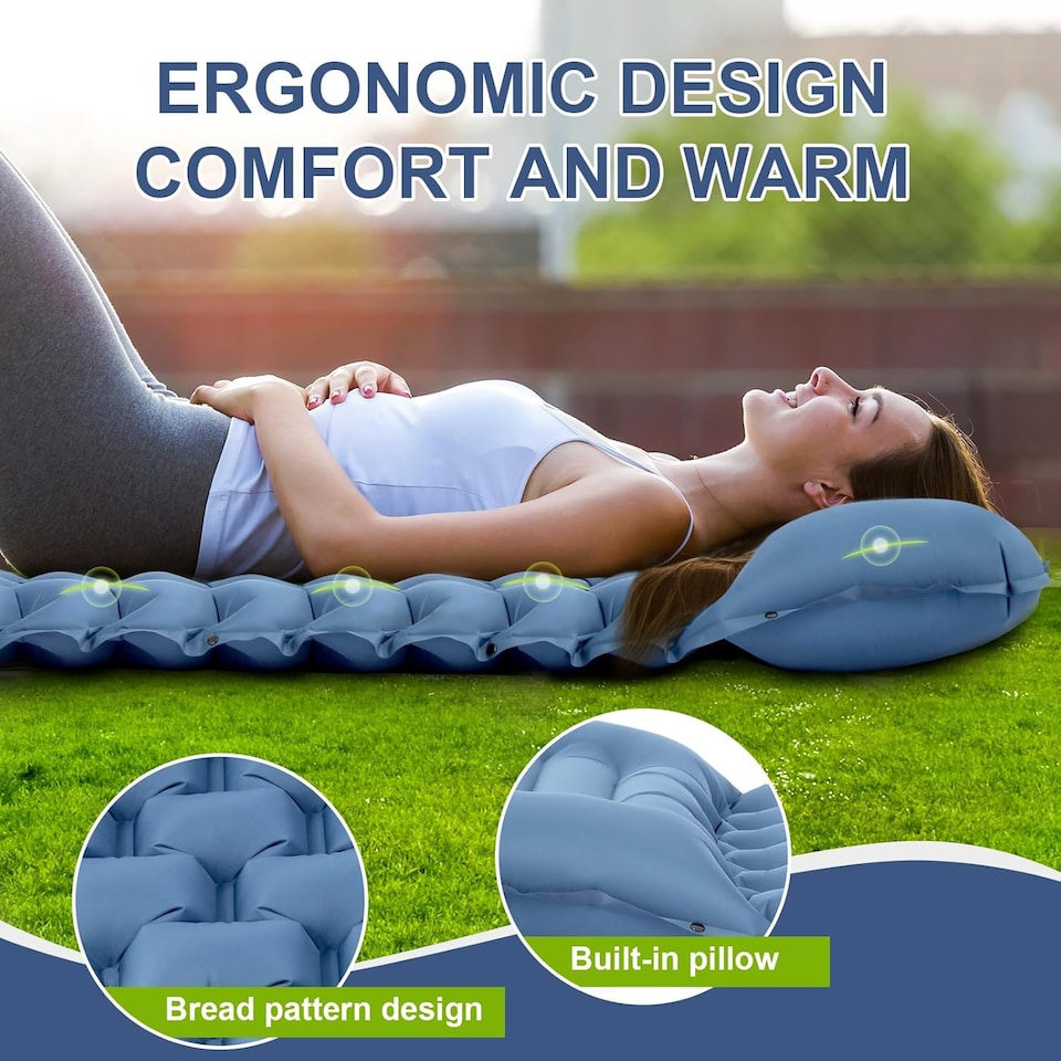 image 1 of Ultralight Inflatable Sleeping Mat with Built-in Pillow & Foot Pump | Blue | Blue