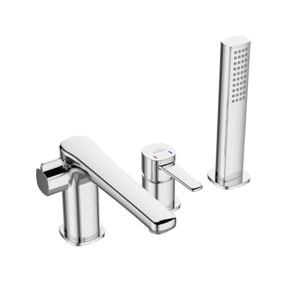 image 1 of Chrome 3-Hole Bath Tap Pull Out Shower Handle Space Saving Bathroom Mixer Faucet