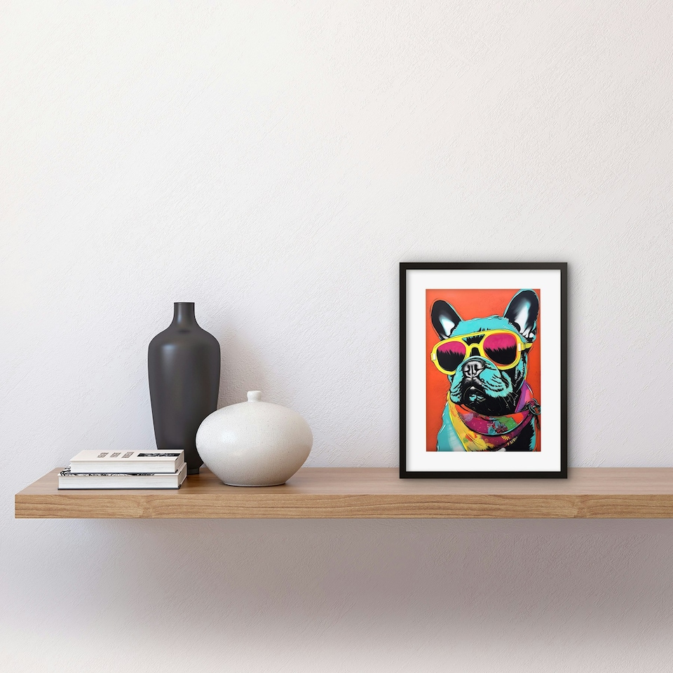 image 1 of French Bulldog Sunglasses Bandana Dog Lover Pop Art 9x7" Black Framed Wall Art Print