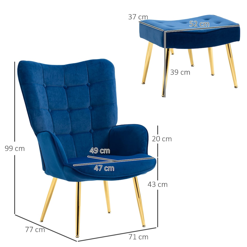 image 1 of HOMCOM Button Tufted Armchair with Footstool and Gold Legs Dark Blue