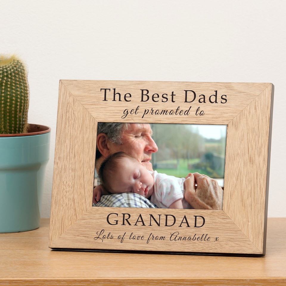 image 1 of Personalised The Best Dads get promoted Wood Picture Frame 6x4 Grandad New Baby