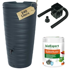 Water Butt Kit with Tap, Diverter & Bio Cleaner –  Rainwater Collector for Garden, Balcony & Terrace – Durable Plastic Water Storage Tank Black | 240L