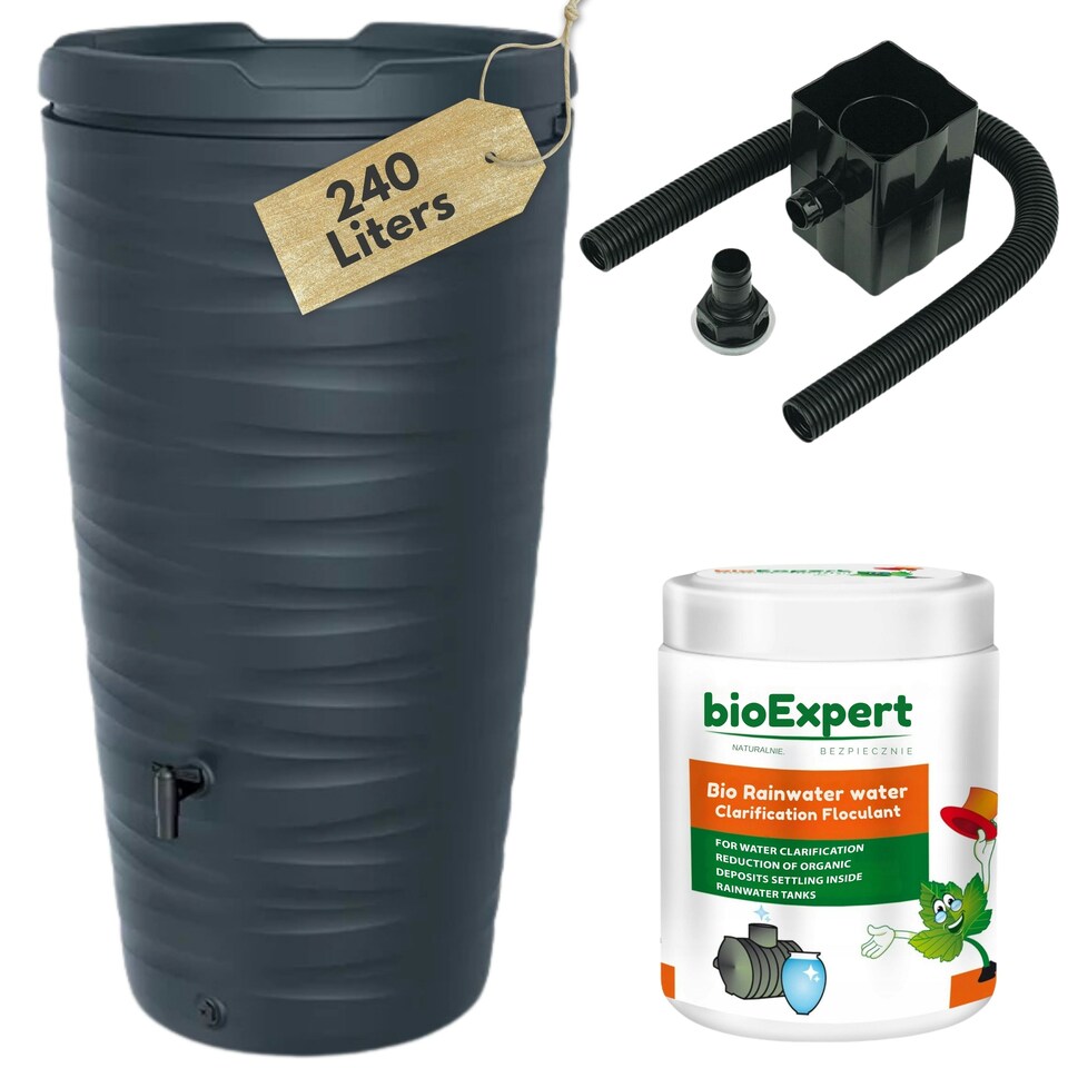 image 1 of Water Butt Kit with Tap, Diverter & Bio Cleaner –  Rainwater Collector for Garden, Balcony & Terrace – Durable Plastic Water Storage Tank Black | 240L