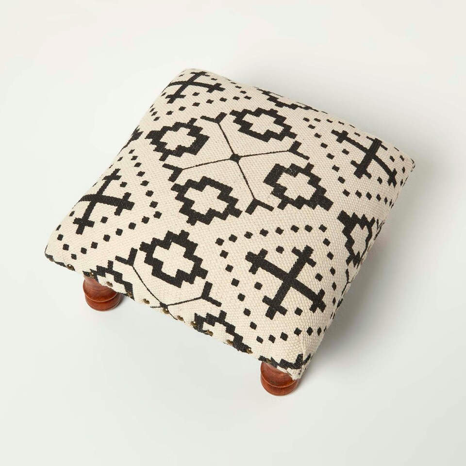 image 1 of Homescapes Reva Black Geometric Footstool - 40 x 40 x 25 cm