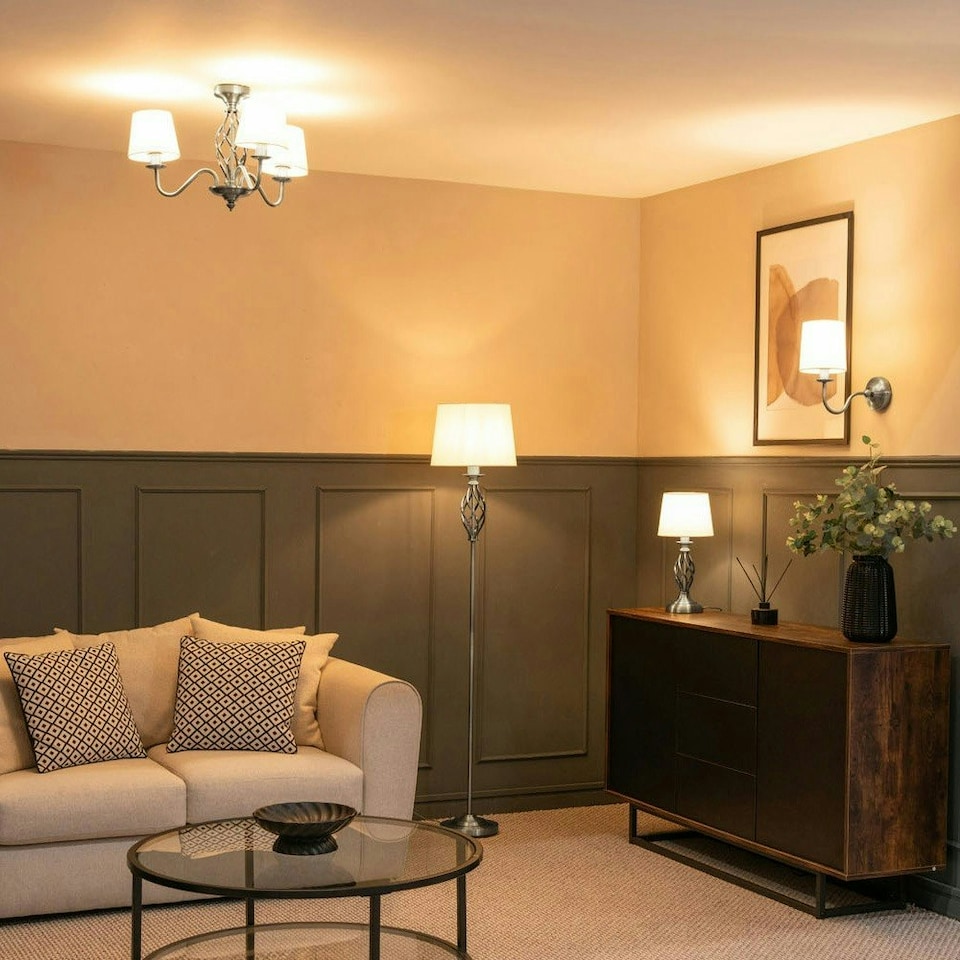 image 1 of ValueLights Memphis Traditional Silver Chrome 3 Light Ceiling Light Chandelier with Fabric Lampshades - Bulbs Included