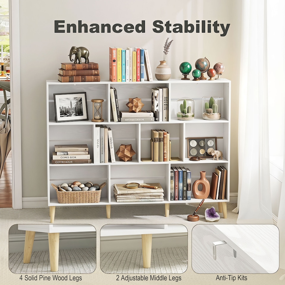 image 1 of HOMCOM Bookshelf with 10 Cubbies, 3-Tier Book Shelf with Wood Legs, White