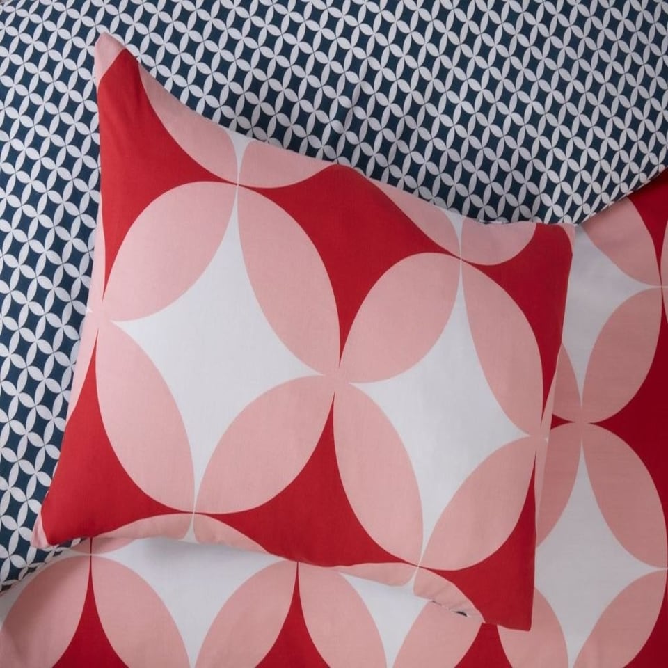 image 1 of Geo Polycotton Reversible Duvet Cover Set with Pillowcase | Red | Double | 1