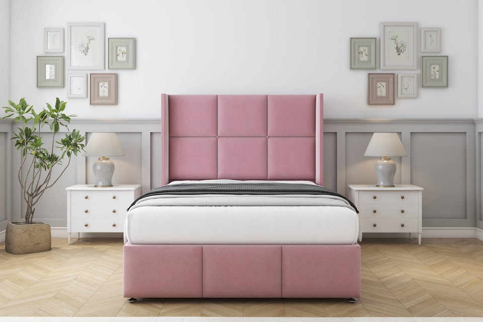image 1 of Sloomy Beaumont Pink Plush Divan Bed Base No Drawers With 54 Inch Wingback Headboard & 12 Inch Matching Footboard | Pink | Pink | Super King | 1